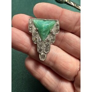 Art‎ Deco Light Green Emerald Crystal Elongated Silver Tone Dress Clip